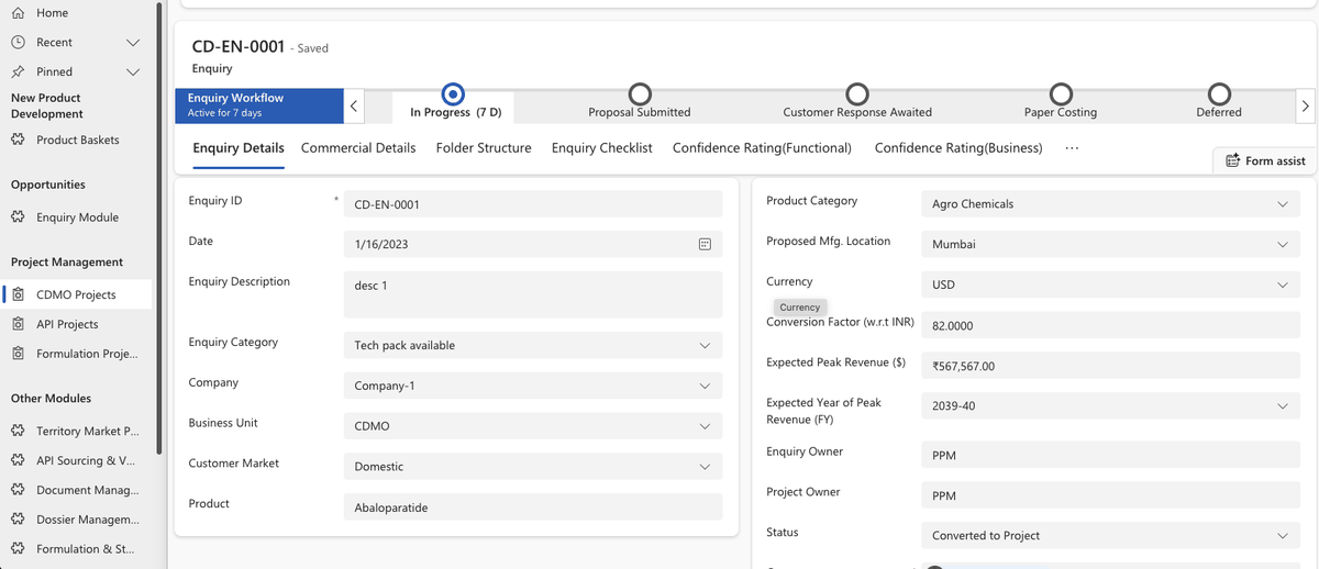 PMSoft CDMO Enquiry workflow screen showing enquiry status, product category, and expected peak revenue