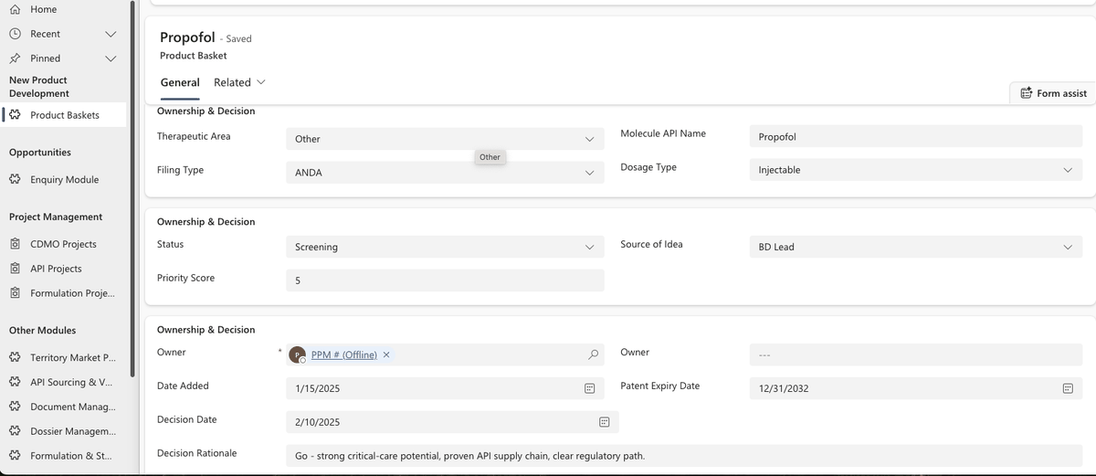 PMSoft Product Basket screen showing molecule Propofol with therapeutic area, filing type, and decision rationale