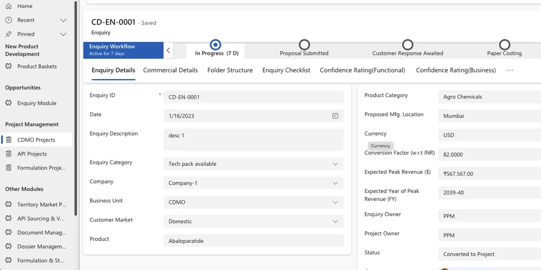 CDMO Enquiry to Contract - Enquiry record and workflow screen (sample data)