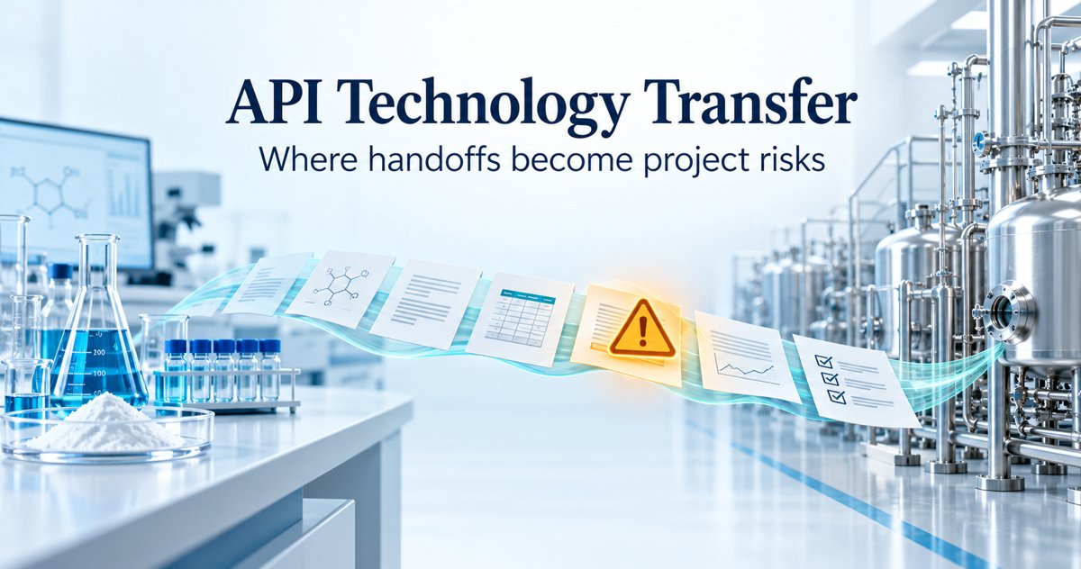 Laboratory and pharmaceutical plant connected by transfer documents and a warning marker.