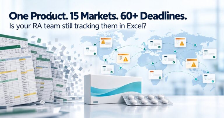 Pharmaceutical product with world map and regulatory deadline cards.
